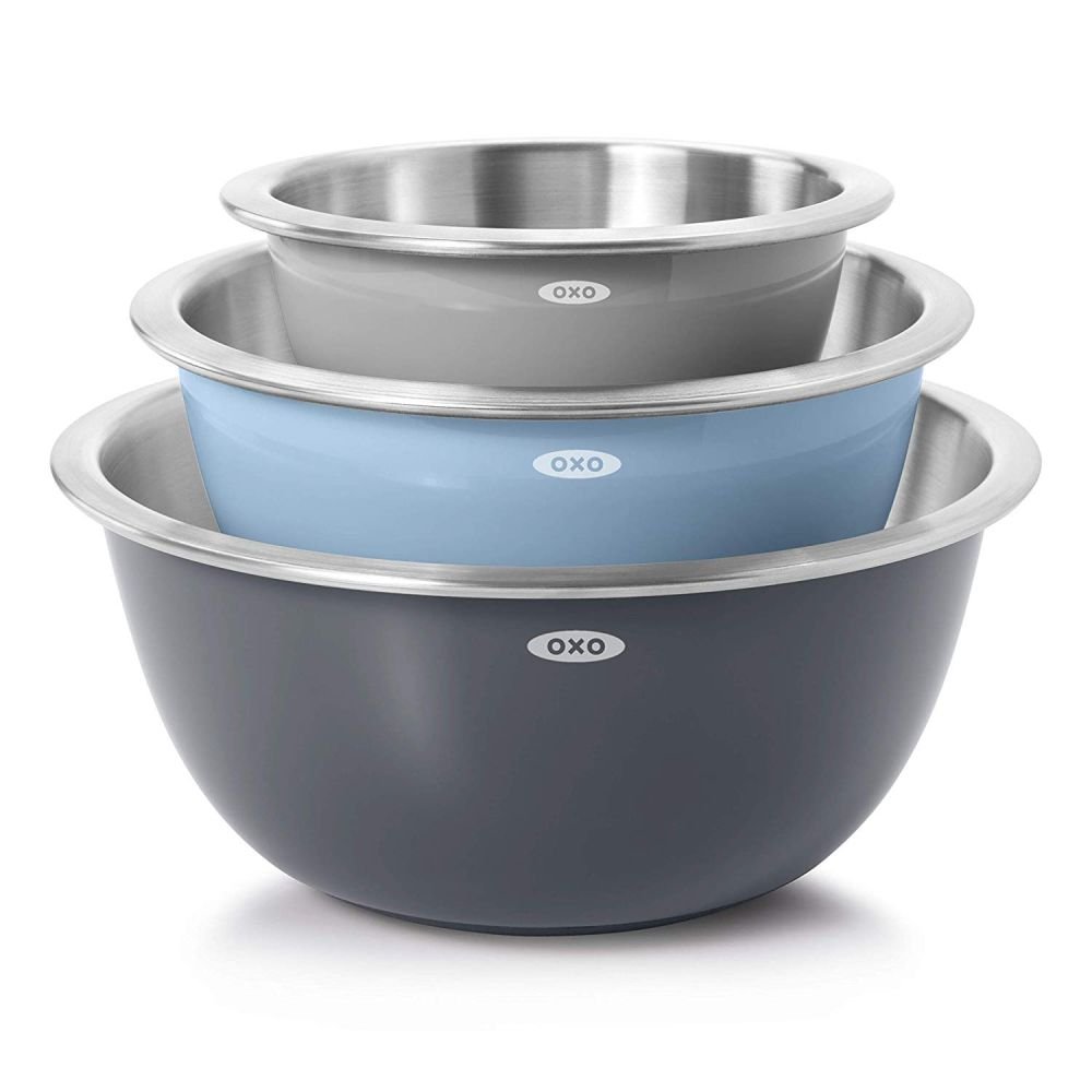 OXO 3-Piece Stainless Steel Mixing Bowl Set - Grey & Blue