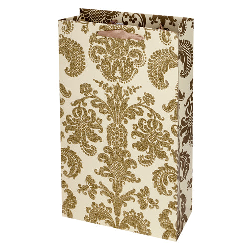 True Fabrications 2-Bottle Gold Damask Bag