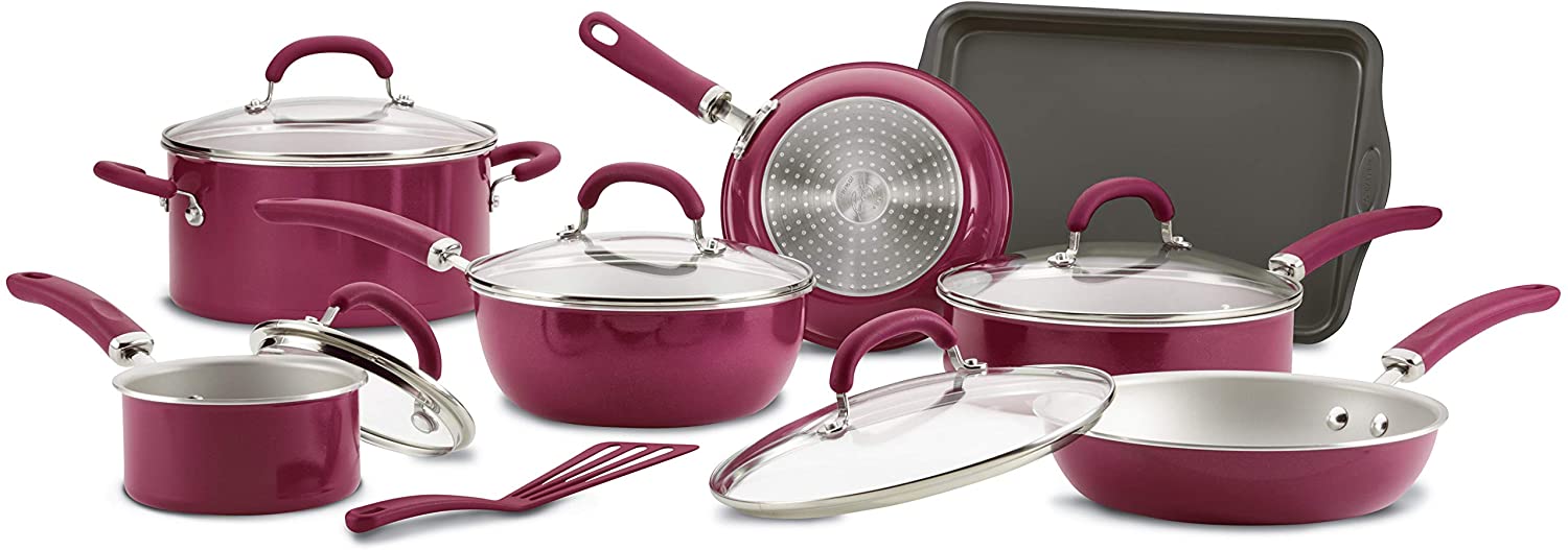 Rachael Ray Create Delicious Nonstick Cookware Pots and Pans Set, 13 Piece, Burgundy Shimmer