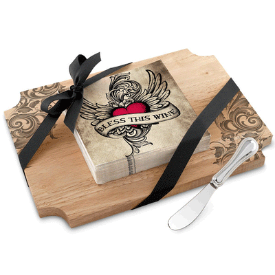 Bless This Wine Wood Cutting Board & Napkin Gift Set