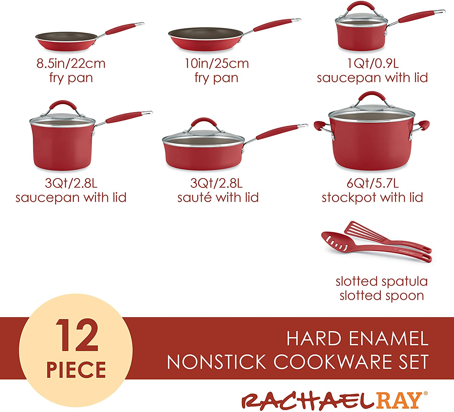 Rachael Ray Cucina 12 Piece Nonstick Cookware Set, Cranberry Red