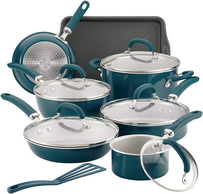 Rachael Ray Create Delicious Nonstick Cookware Pots and Pans Set, 13 Piece, Teal Shimmer