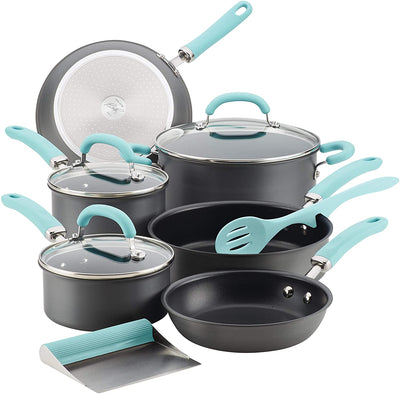 Rachael Ray Create Delicious Hard Anodized Nonstick Cookware Pots and Pans Set, 11 Piece, Gray with Light Blue Handles
