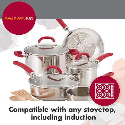 Rachael Ray Create Delicious 10 Piece Stainless Steel Cookware Set, Stainless Steel with Red Handles