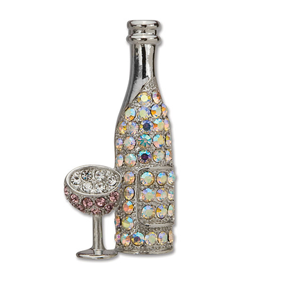 Wine Bottle & Glass Rhinestone Brooch