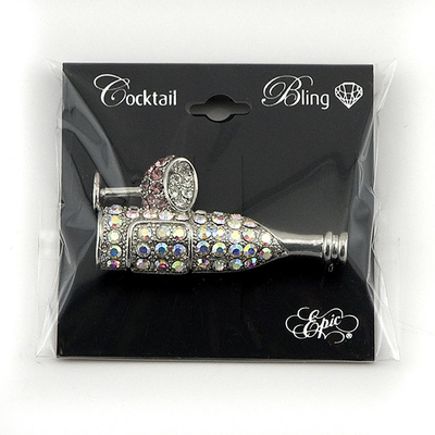 Wine Bottle & Glass Rhinestone Brooch