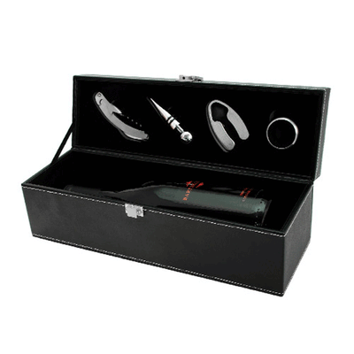 True Fabrications Black Faux Leather Single Bottle Accessory Gift Set