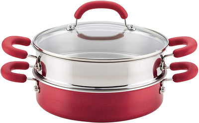 Rachael Ray Create Delicious Nonstick Multi-Pot/Steamer Set, 3 Piece, Red Shimmer