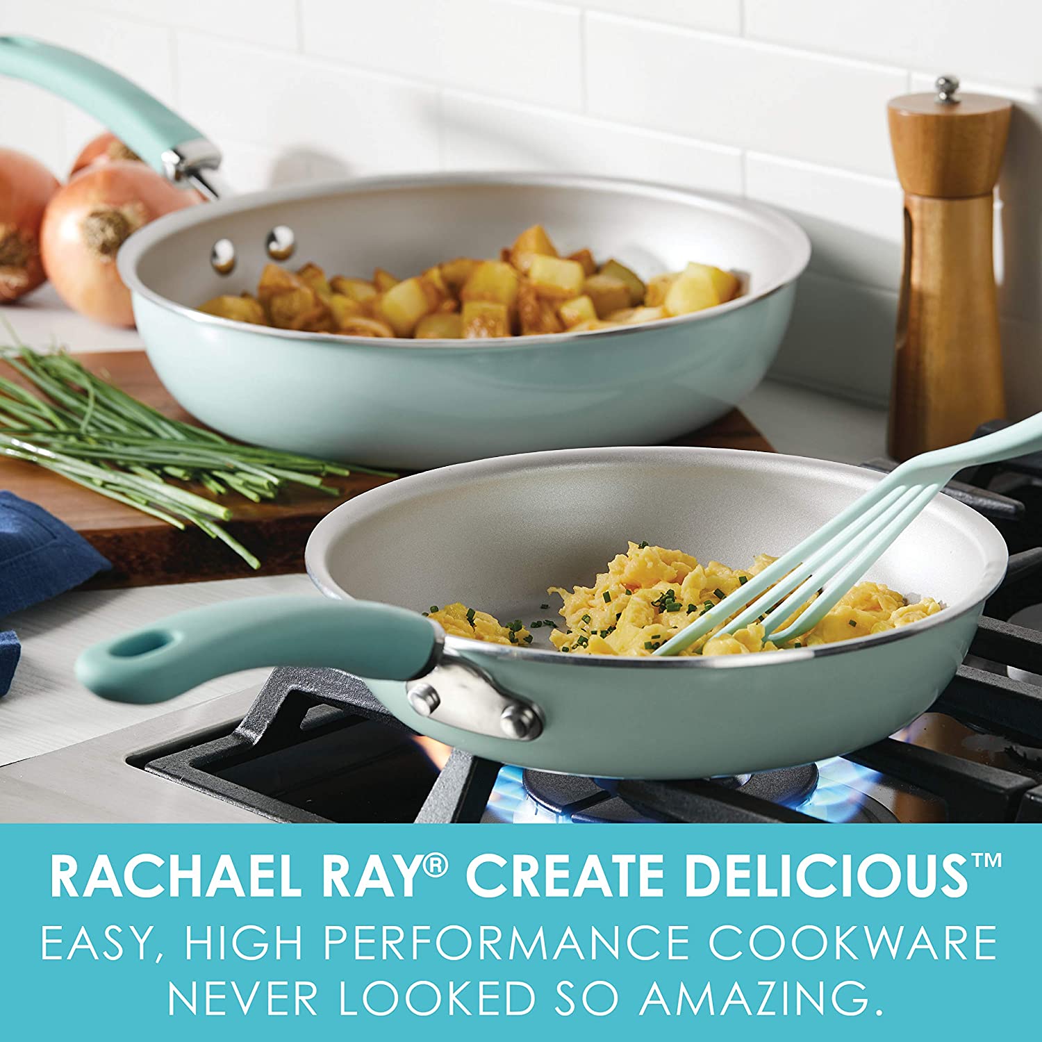 Rachael Ray Create Delicious 10pc Hard Anodized Cookware Set with Light  Blue Handles