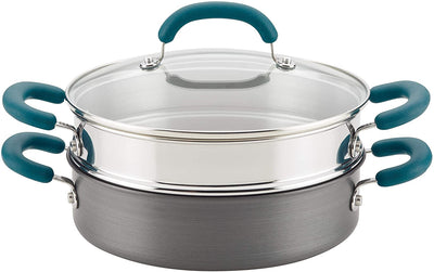 Rachael Ray Create Delicious Nonstick Multi-Pot/Steamer Set, 3 Piece, Gray With Teal Handles