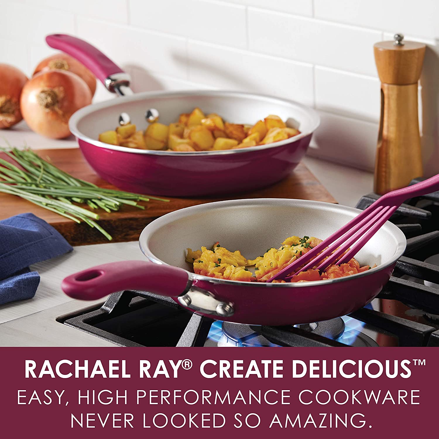 Rachael Ray Create Delicious Deep Nonstick Frying Pan / Fry Pan / Skillet  with Lid - 9.5 Inch, Gray