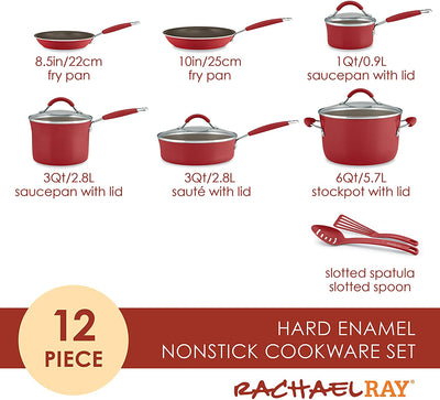 Rachael Ray Cucina Hard-Anodized Nonstick 12-Piece Cookware Set, Gray with Cranberry Red Handles