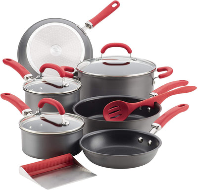 Rachael Ray Create Delicious Hard Anodized Nonstick Cookware Pots and Pans Set, 11 Piece, Gray with Red Handles