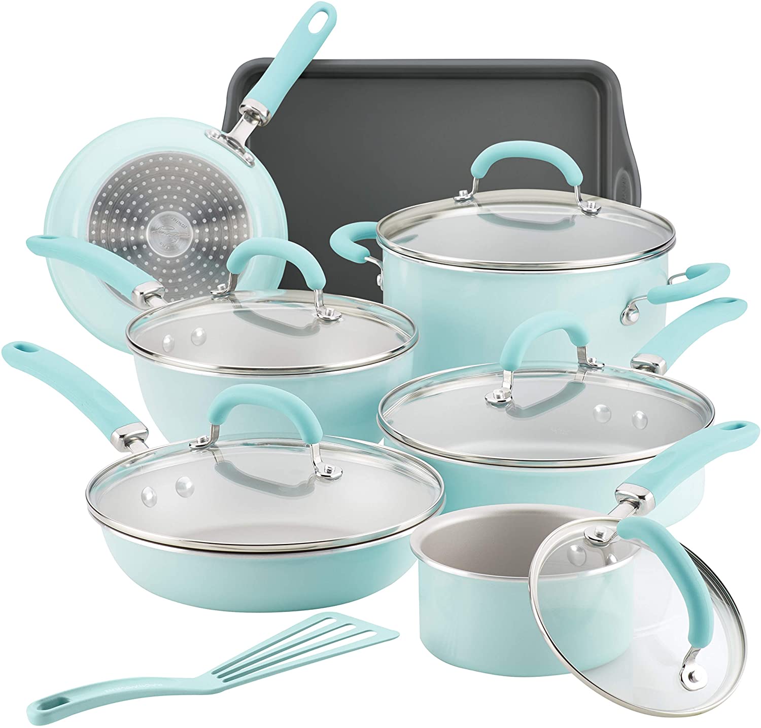 Rachael Ray Create Delicious Nonstick Cookware Pots and Pans Set, 13 Piece, Light Blue Shimmer