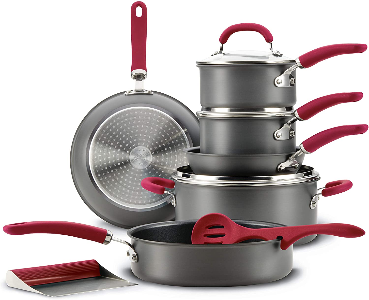 Rachael Ray Create Delicious Hard Anodized Nonstick Cookware Pots and Pans Set, 11 Piece, Gray with Red Handles