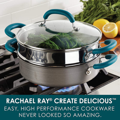 Rachael Ray Create Delicious Nonstick Multi-Pot/Steamer Set, 3 Piece, Gray With Teal Handles