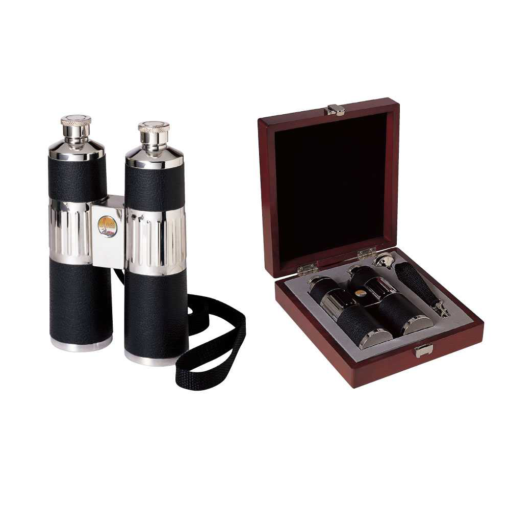 Binoculars Flask Set, Stainless Steel in Wood Box - 8 oz