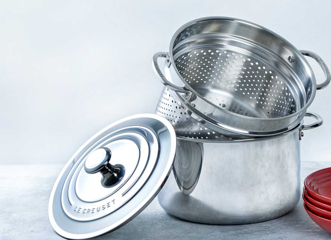 8 Quart Stainless Steel Stock Pot With Colander, Steamer, Glass Lid, Silver