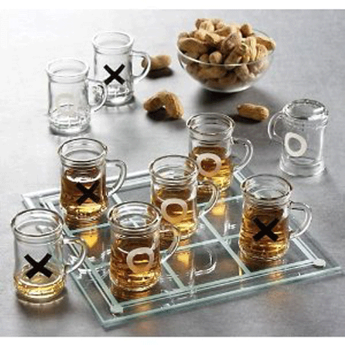 Tic Tac Toe Shot Glass Drinking Game Set w Mini Beer Mugs